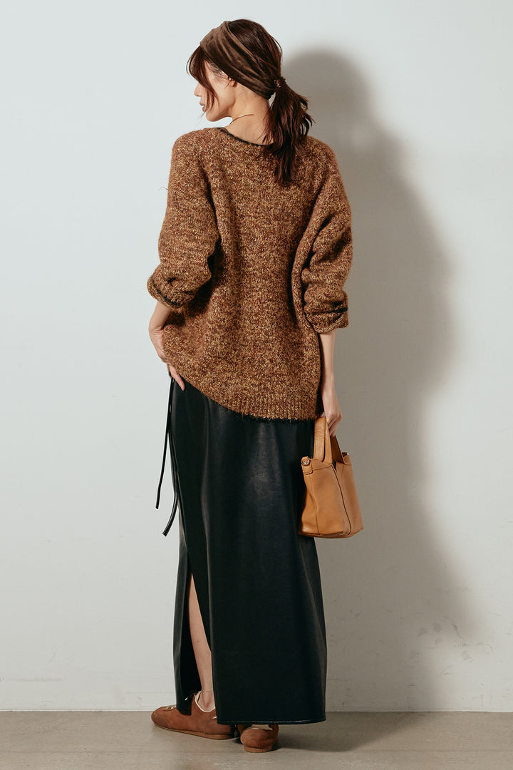 [SET]ミックスニットポケットカーディガン+紐付きフェイクレザーワイドスカート(2set)