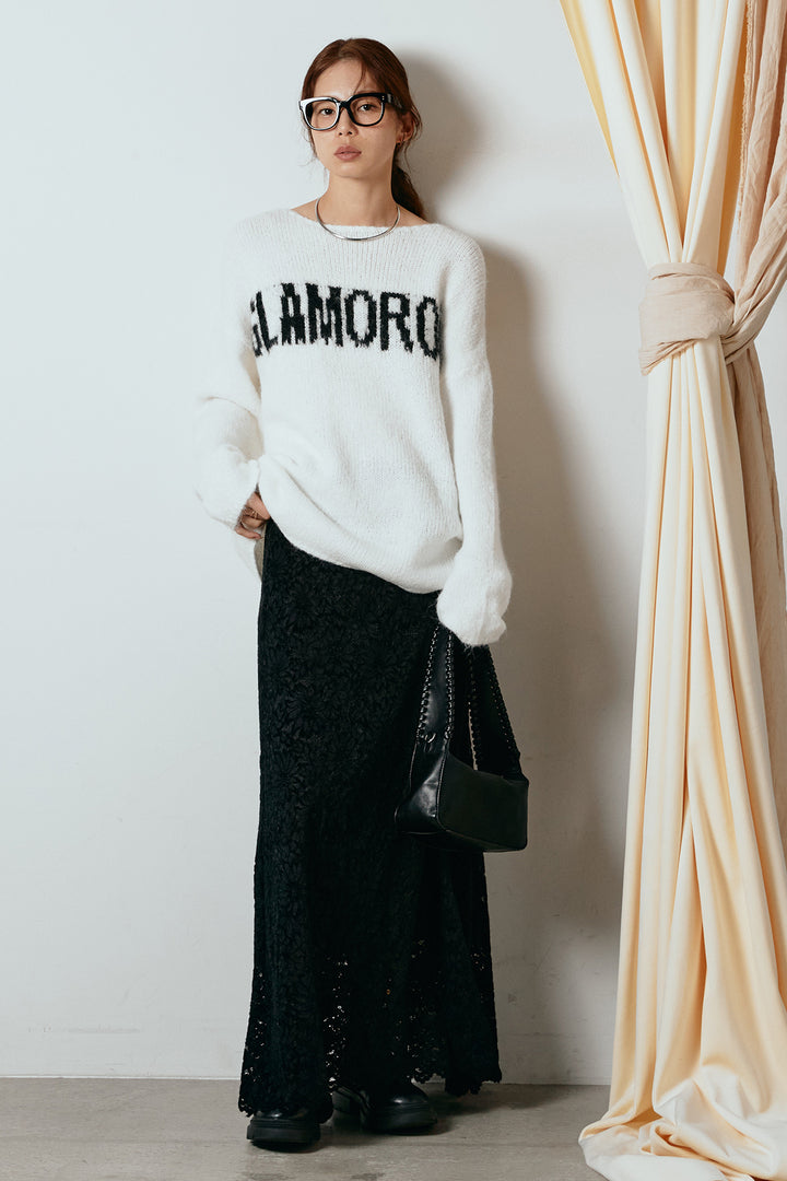 [SET]フロントロゴデザインニットトップス+花柄刺繍ベロアフレアスカート(2set)