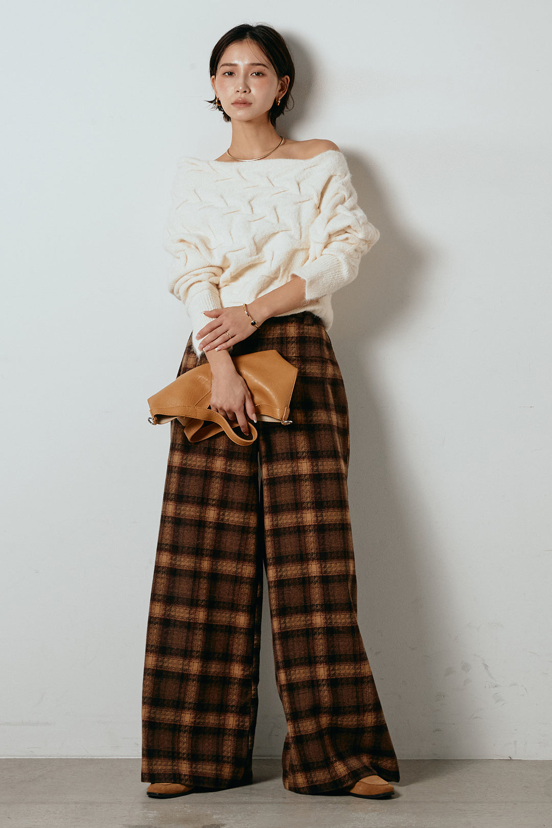[SET]ボートネックニットトップス+ルーズタータンチェックワイドパンツ(2set)
