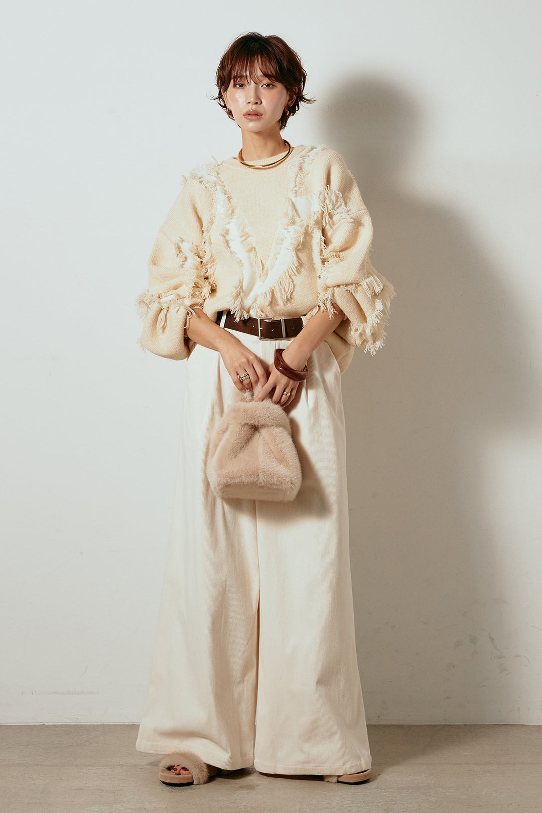 [SET]シャギージャガードニットトップス+太ベルト付きコーデュロイタックパンツ(2set)