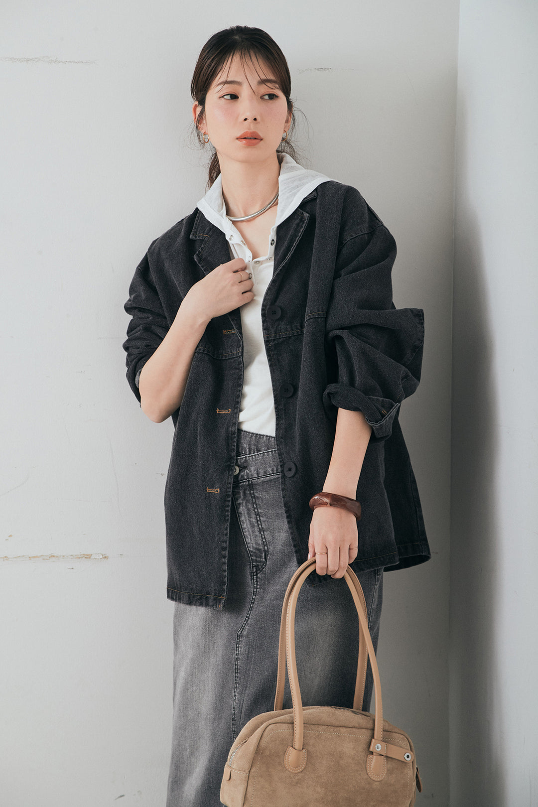 [SET]オーバーデニムジャケット+ウエストクロスデニムタイトスカート(2set)