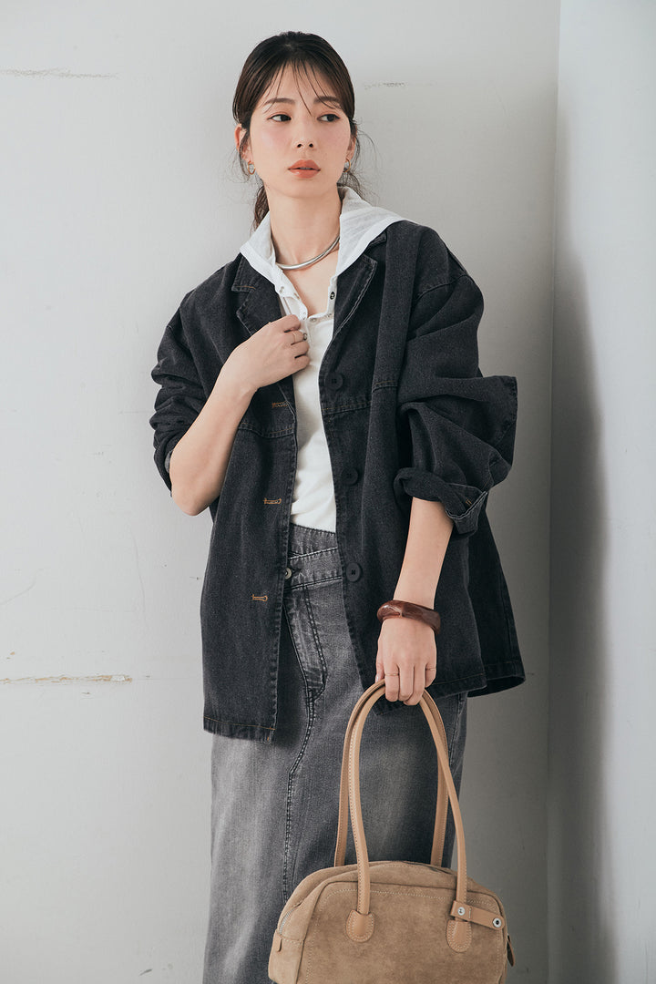 [SET]オーバーデニムジャケット+ウエストクロスデニムタイトスカート(2set)