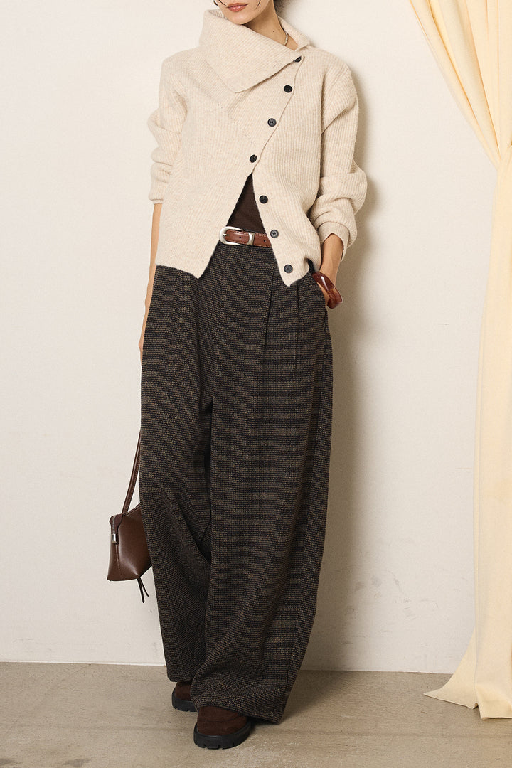 [SET]ボタンデザインネックニットプルオーバー+起毛タック入りツイードワイドパンツ(2set)