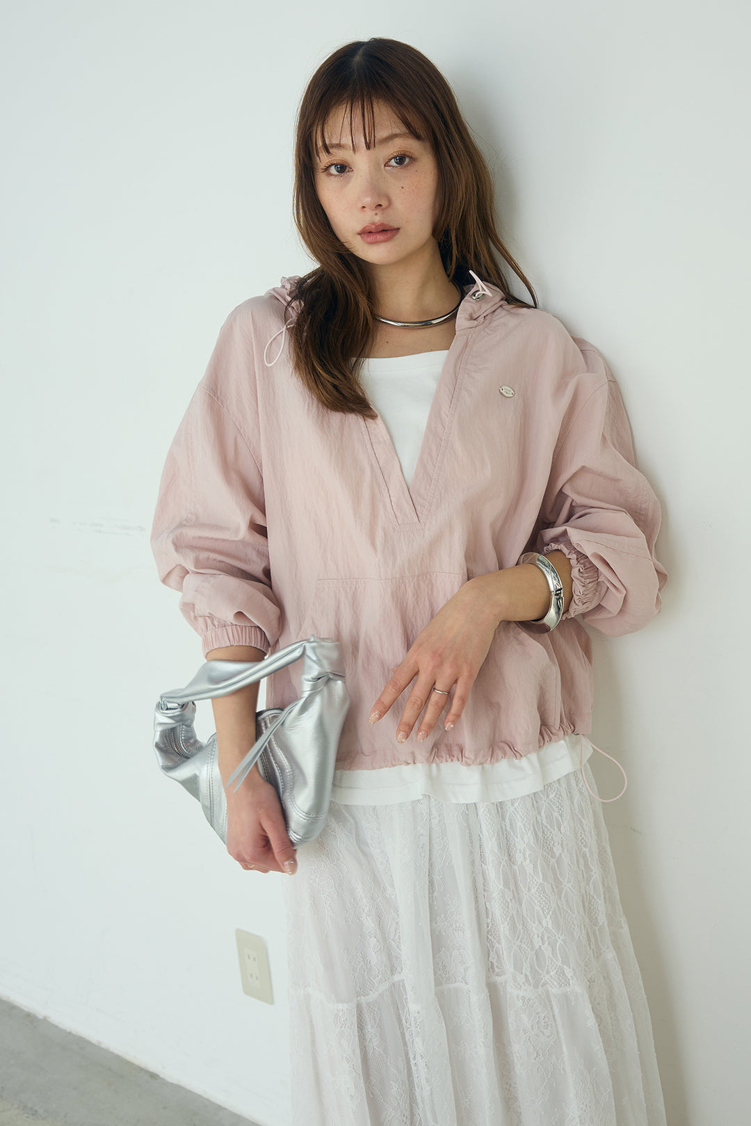 [SET]レイヤードデザインフーディートップス+ひげレース切替ロング丈スカート(2set)