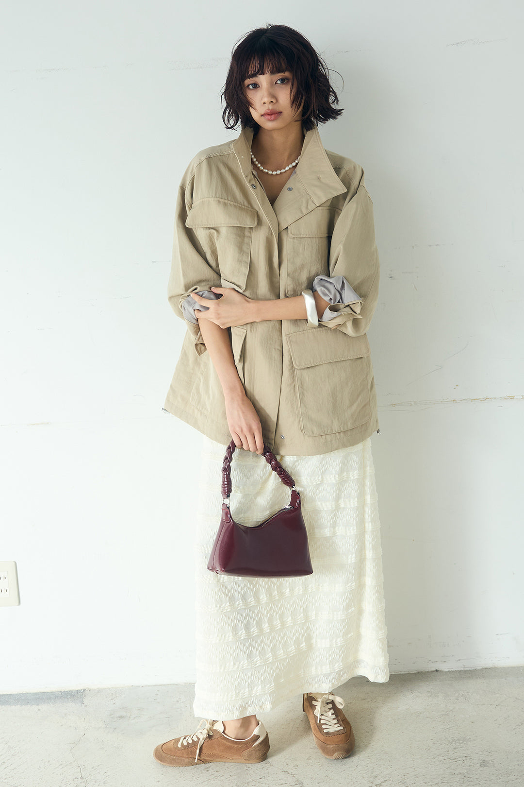 [SET]ナイロンツイルフィールドジャケット+ジャガードカットソータイトスカート(2set)