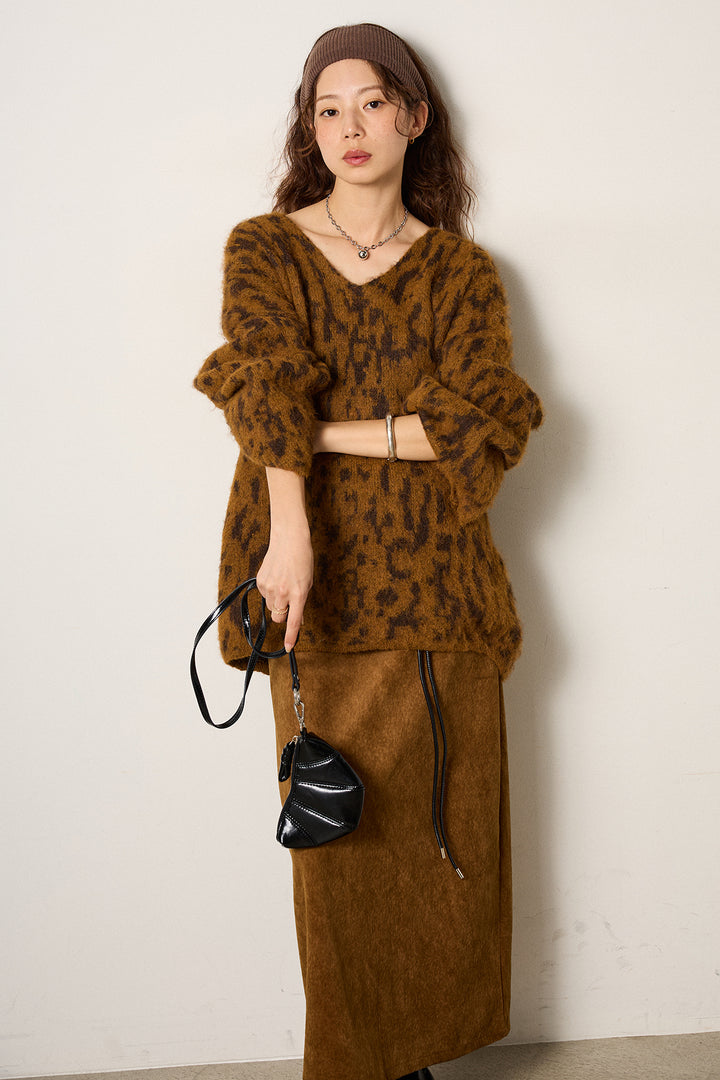 [SET]フラッフィーレオパードシャギーニット+ロープベルト付きスウェード調スカート(2set)