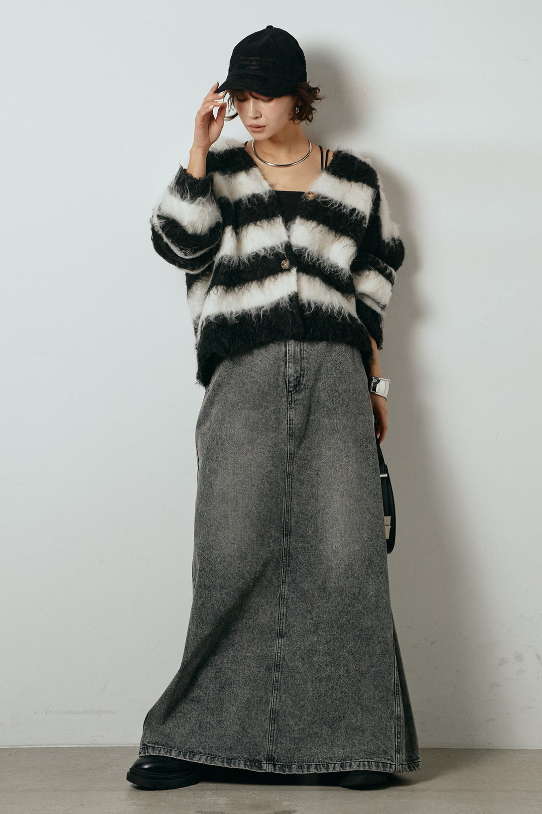 [SET]シャギーボーダー柄ニットカーディガン+デニムロングフレアスカート(2set)