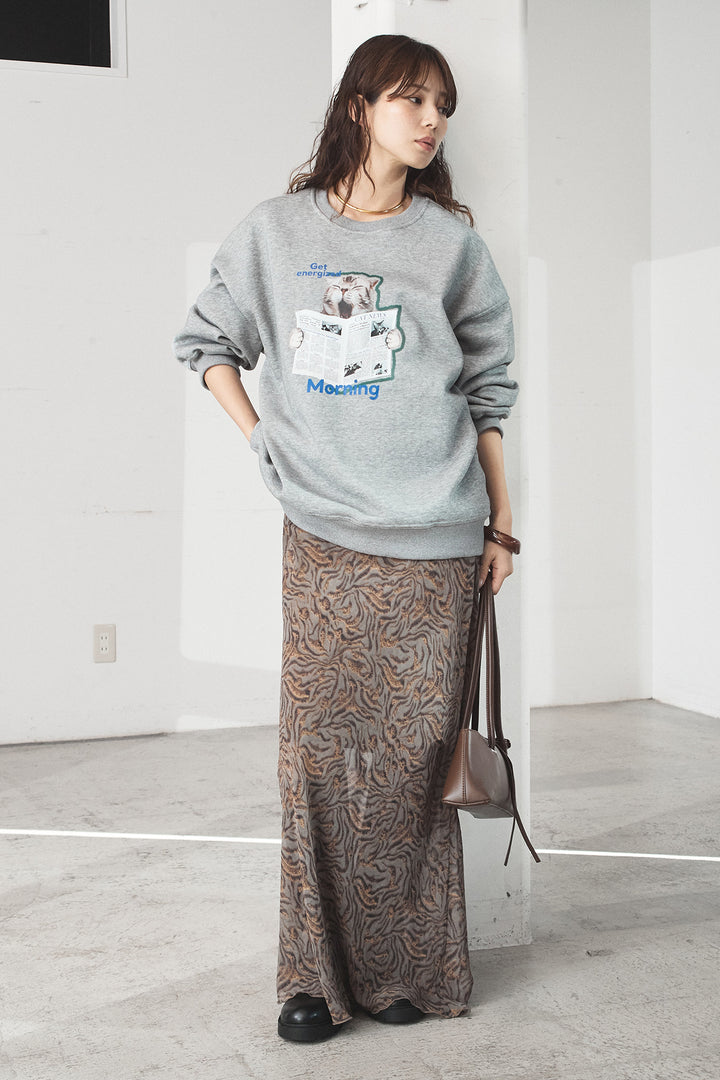 [SET]裏起毛モーニングキャットプリントスウェット+抽象柄ロングスカート(2set)