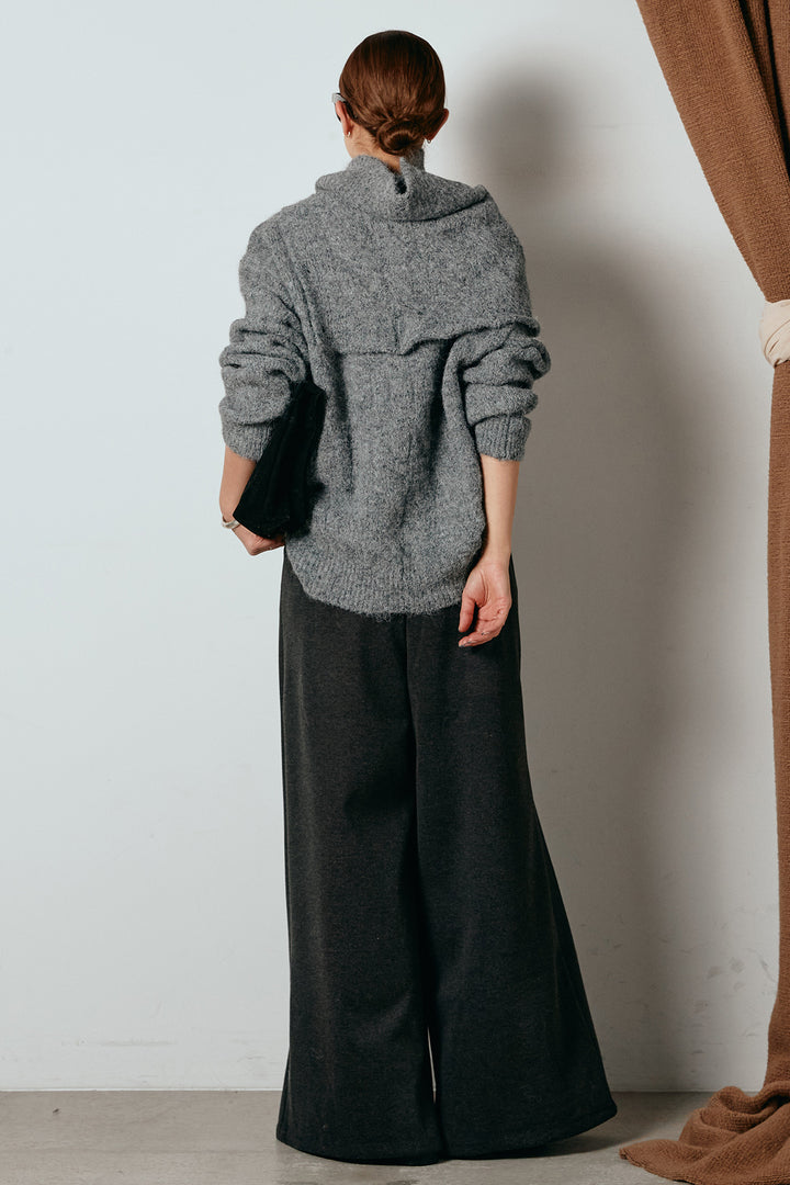 [SET]ケープデザインケーブルニットトップス+ベルト付きフロントタックデザインパンツ(2set)