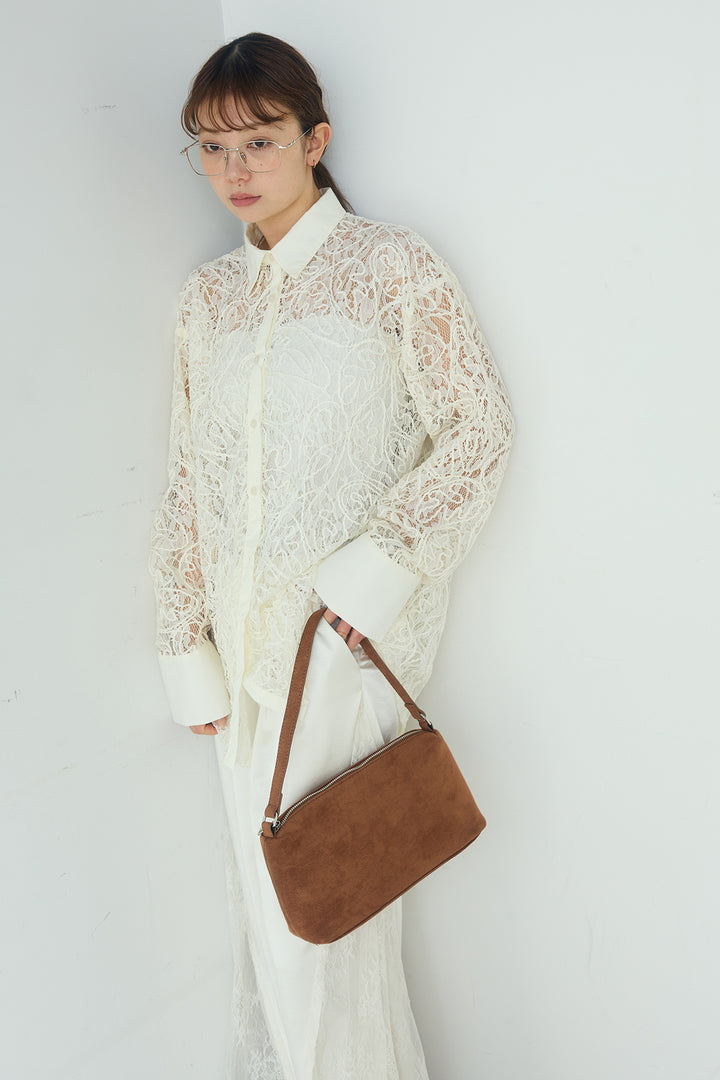 [SET]刺繍レースオーバーサイズシャツ+サテンレース切り替えタックパンツ(2set)