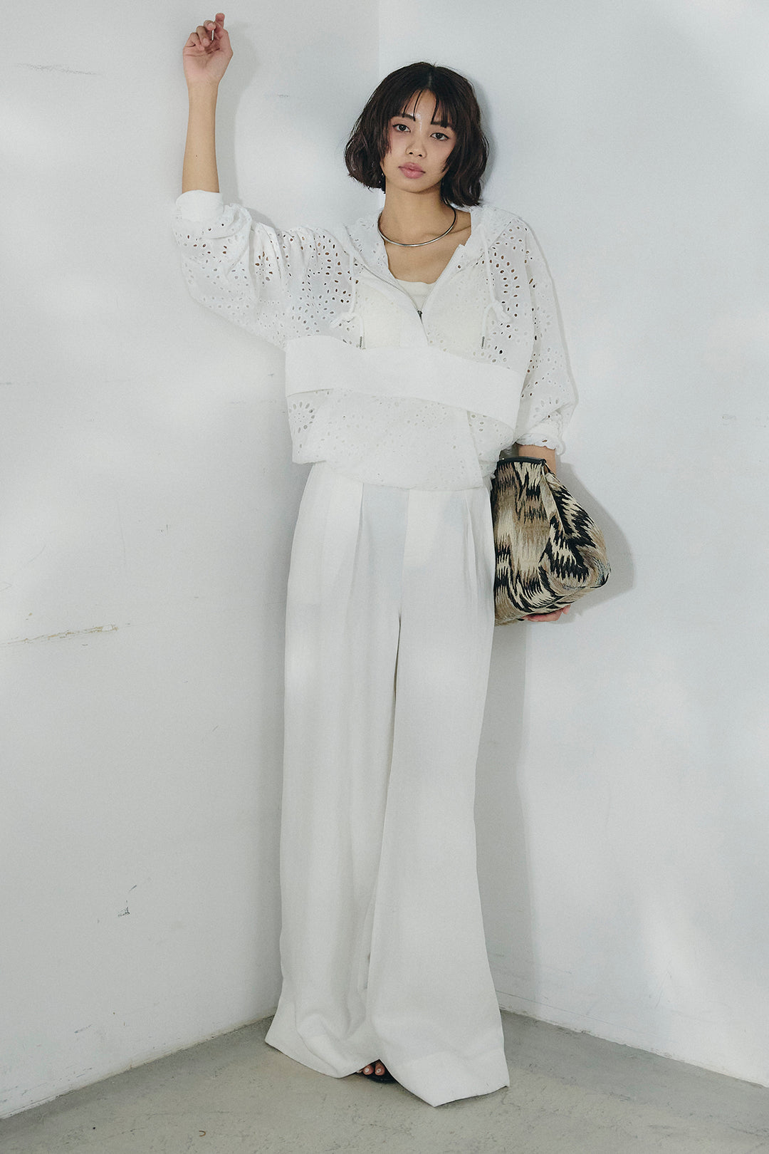 [SET]レースハーフジップアップフーディー+リネン混タックストレートワイドパンツ(2set)