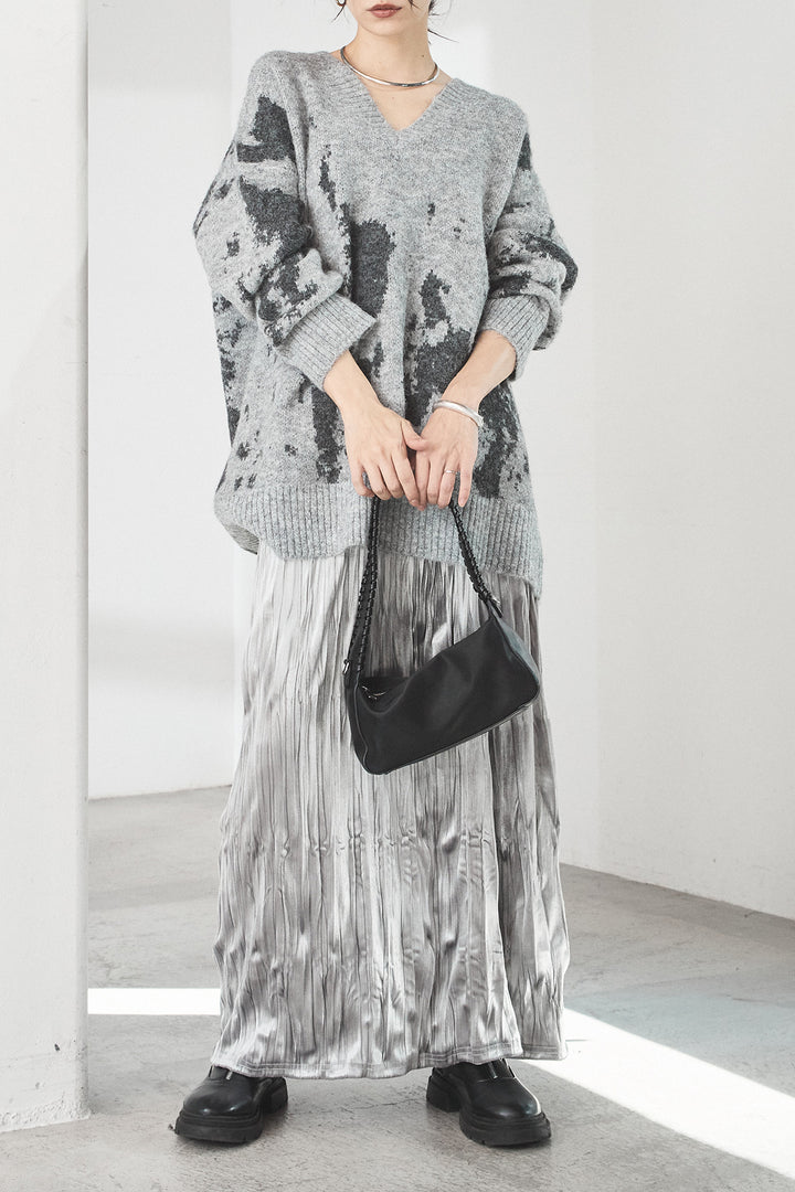 [SET]アブストラクト柄ニットプルオーバー+ベロアロングプリーツスカート(2set)