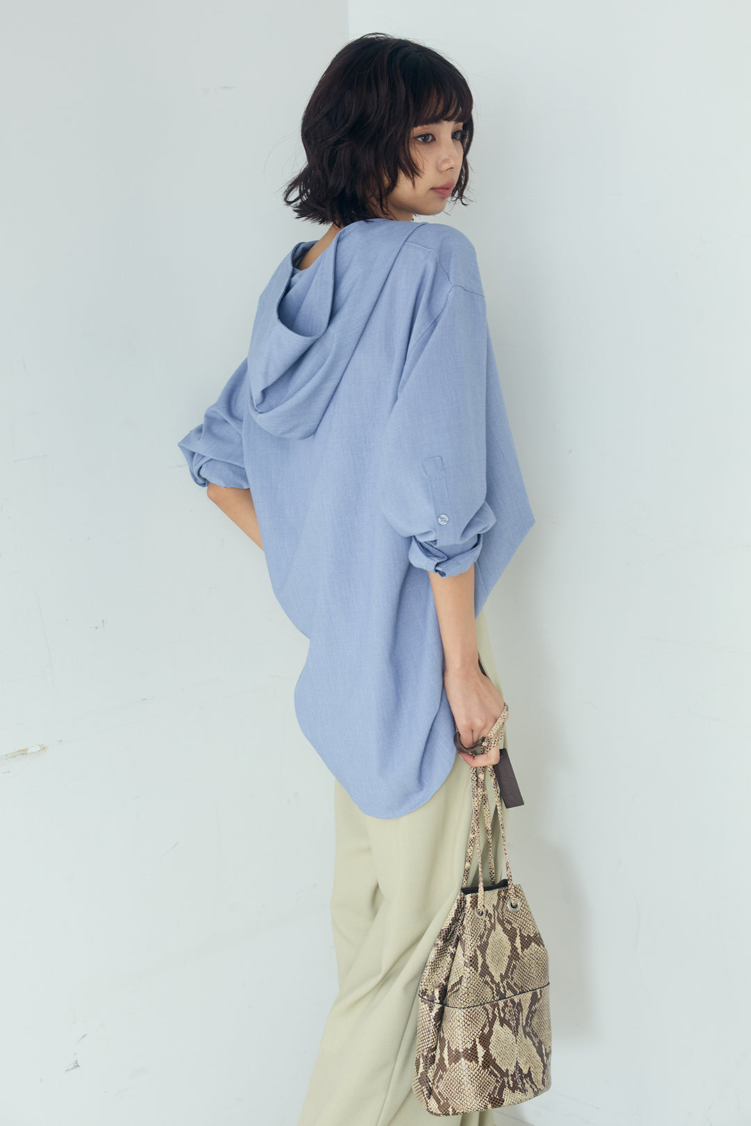 [SET]無地タイ付フーディーBIGシャツ+サイドベルトタック入りスラックス(2set)