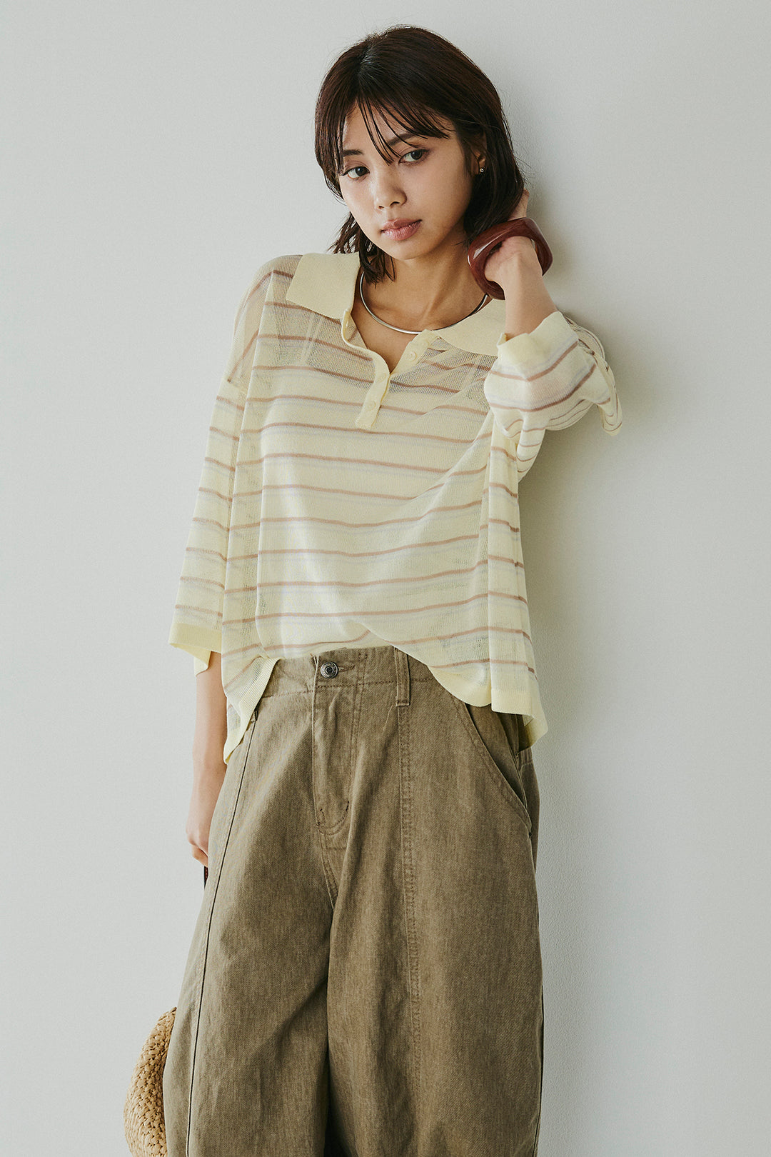 [SET]ボーダーニットポロシャツ+サイドベルトカーブワイドパンツ(2set)