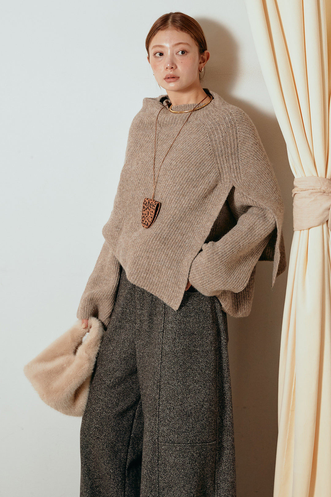 [SET]ケープデザインリブニットトップス+太ベルト付きツイードワイドパンツ(2set)