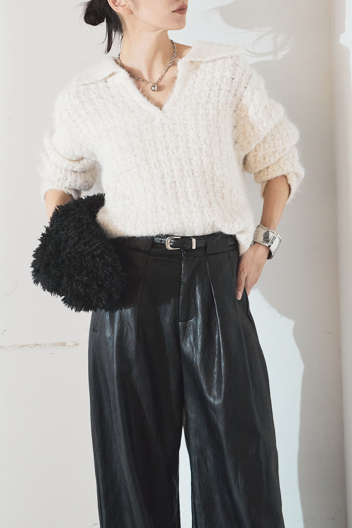 [SET]襟付きVネックニットトップス+ベルト付きレザーライクタックパンツ(2set)