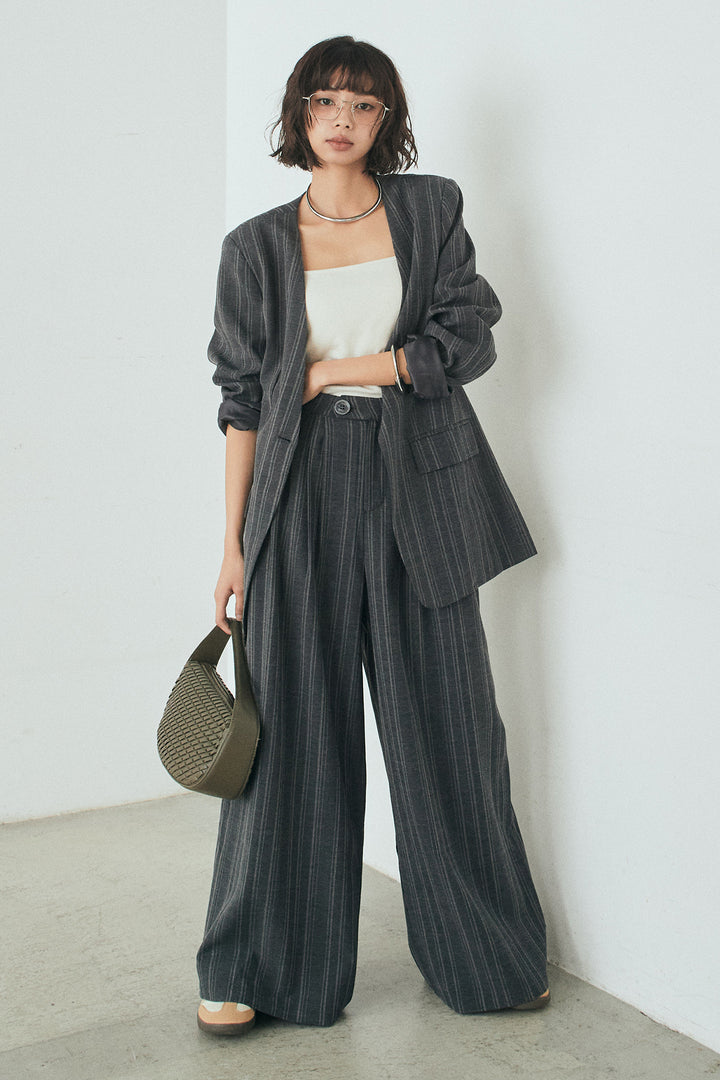 [SET]ノーカラーピンストライプジャケット+ピンストライプワイドスラックス(2set)