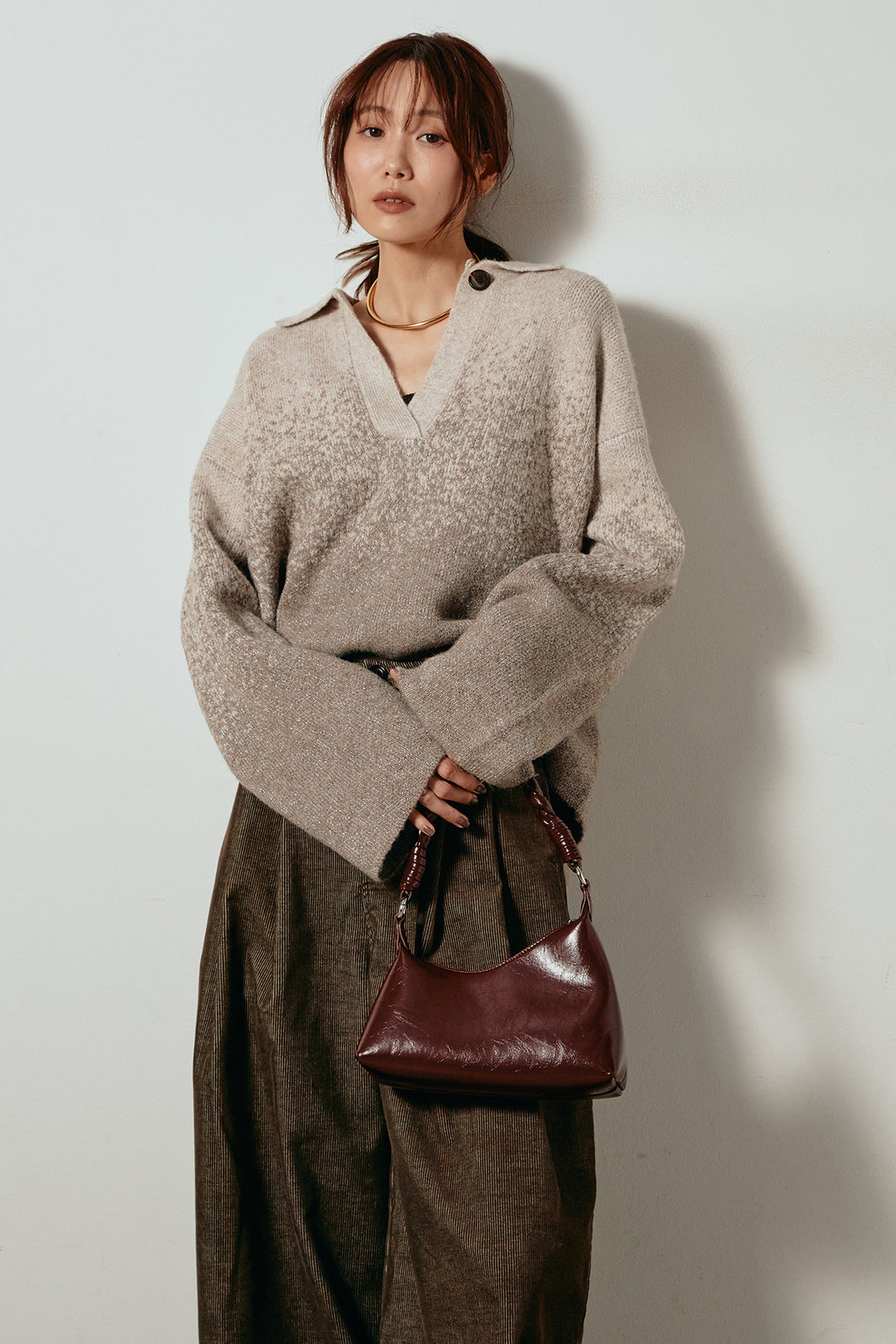 [SET]グラデーションラメニットキーネックプルオーバー+フロントタック入りコーデュロイパンツ(2set)