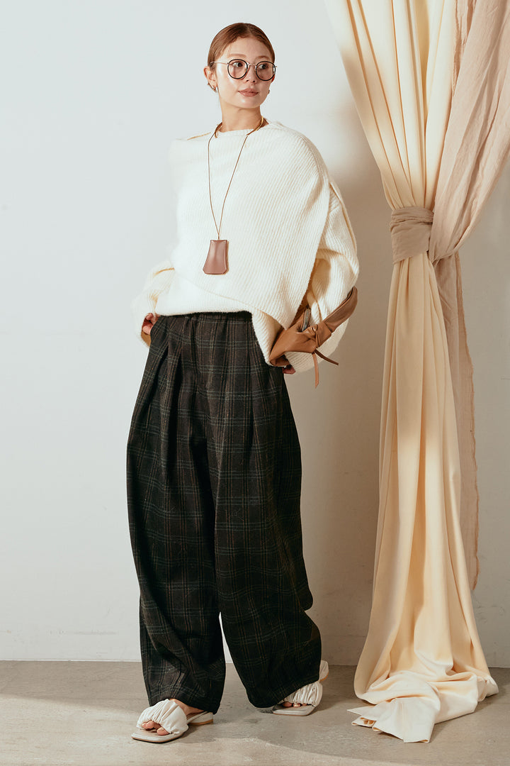 [SET]ケープデザインリブニットトップス+タータンチェック柄タックパンツ(2set)
