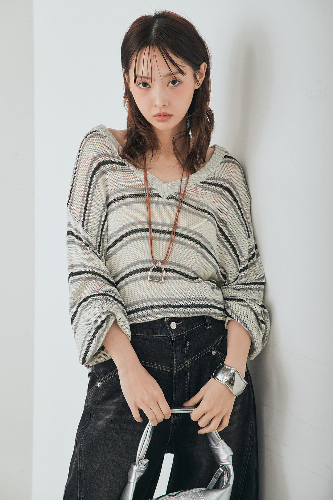 [SET]綿タッチVネックボーダートップス+デニムヨークパンツ(2set)