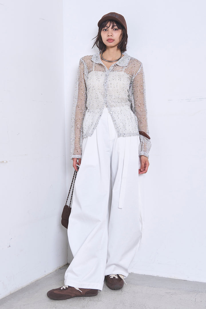 [SET]ネップメッシュポロ襟カーディガン+紐ベルト付きカーブワイドパンツ(2set)