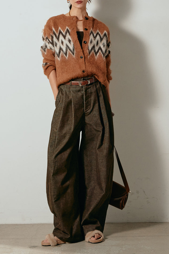 [SET]起毛ノルディック柄ニットカーディガン+フロントタック入りコーデュロイパンツ(2set)