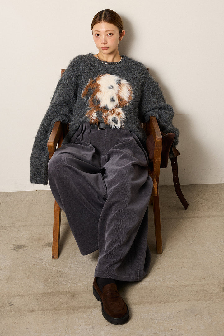 [SET]シャギーニュアンスアニマルニット+ベルトループコーデュロイワイドパンツ(2set)