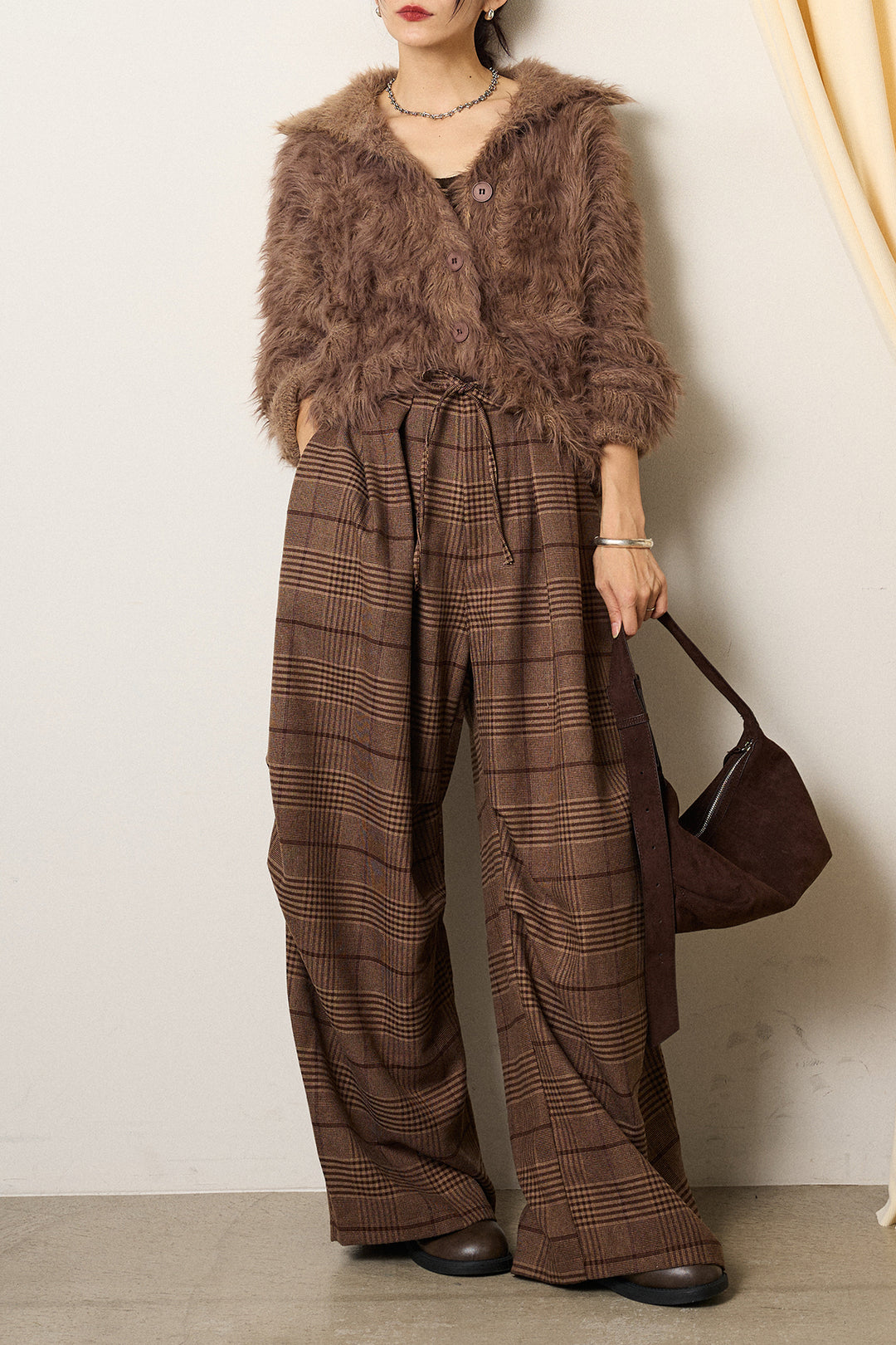 [SET]襟付きシャギーニットカーディガン+グレンチェックルーズタックパンツ(2set)