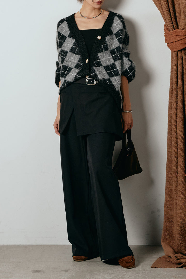 [SET]オーバーサイズ総柄Vネックニットカーディガン+ベルト付きウエストデザインパンツ(2set)