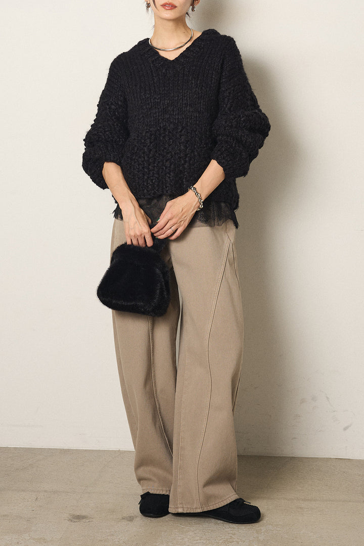 [SET]Vネックハンド編みニットトップス+ベルト付きカジュアルカーブワイドパンツ+レース切り替えキャミソール(3set)