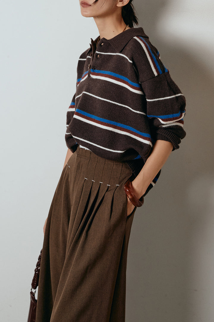 [SET]襟付きマルチボーダーニットポロトップス+ウエストステッチデザインワイドスラックス(2set)