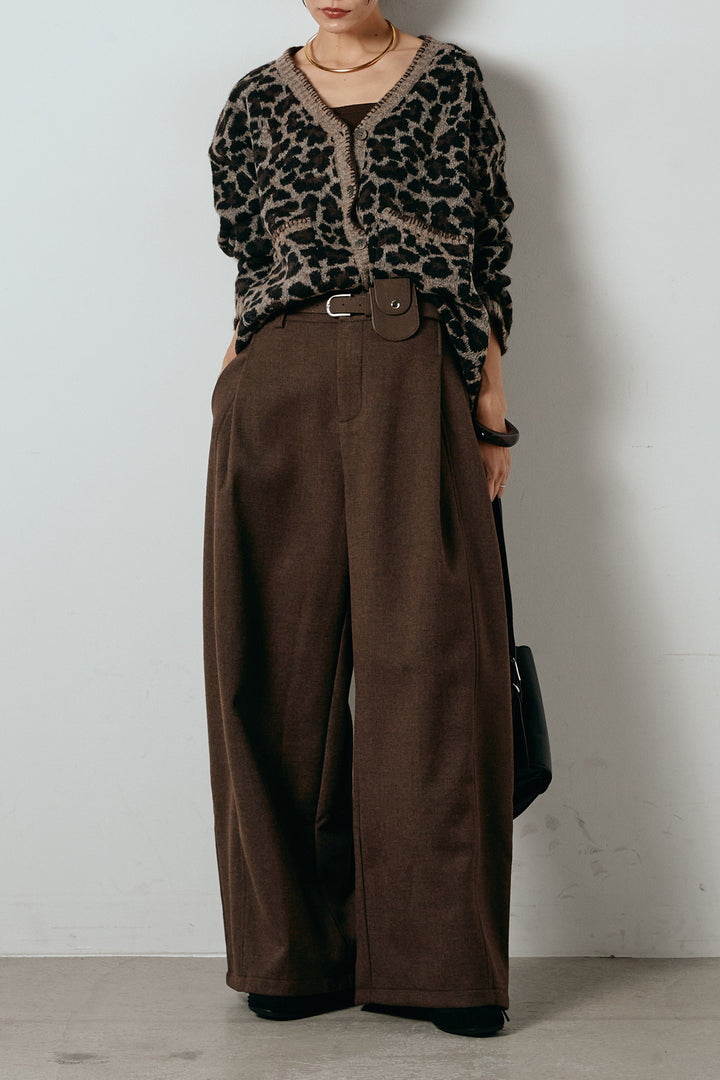 [SET]ステッチデザインレオパードニットカーディガン+ポーチベルト付きカーブパンツ(2set)