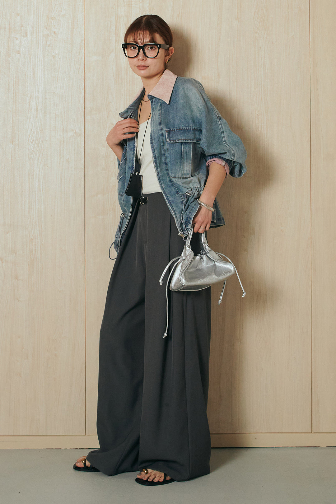 [SET]襟付き配色デニムブルゾン+ビックベルトループタックベルト付きワイドパンツ(2set)