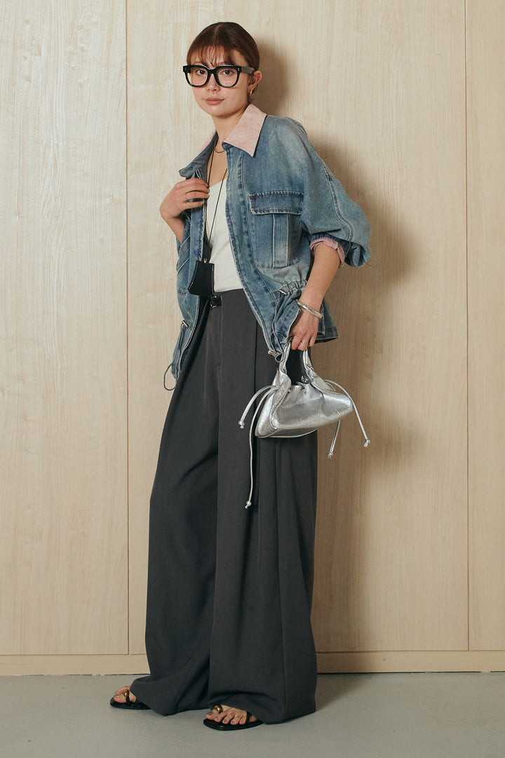 [SET]襟付き配色デニムブルゾン+ビックベルトループタックベルト付きワイドパンツ(2set)