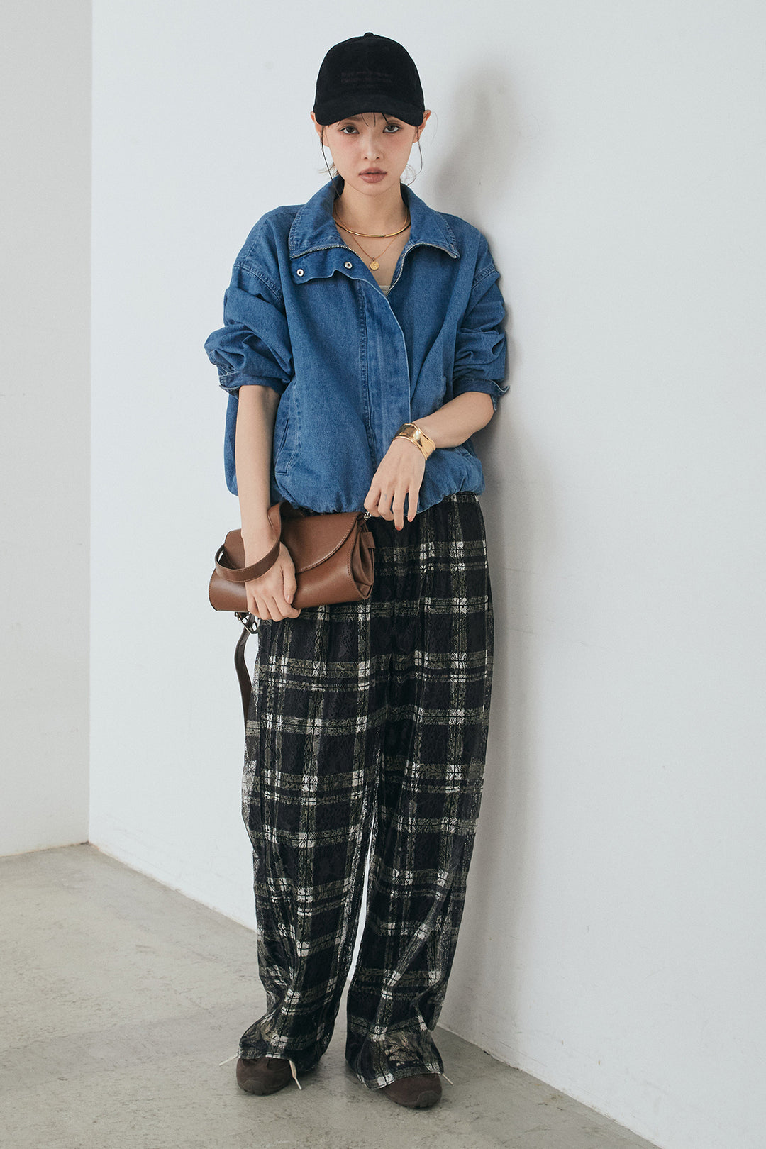 [SET]スタンドカラーデニムブルゾンジャケット+レースチェックワイドイージーパンツ(2set)