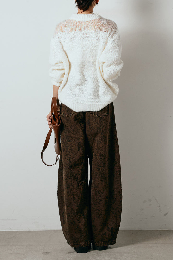 [SET]パターンランダム編みニットトップス+ベルト付きニュアンス柄カーブワイドパンツ(2set)