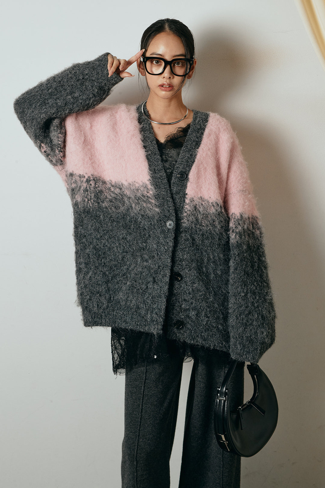 [SET]起毛グラデーションニットカーディガン+レース切り替えキャミソール+センターラインニットパンツ(3set)