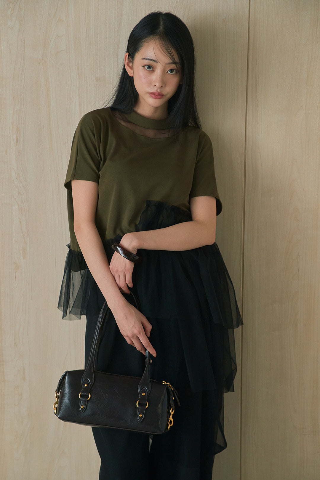 [SET]アシンメトリーチュールフリルTシャツ+ウエストデザインタックワイドパンツ(2set)