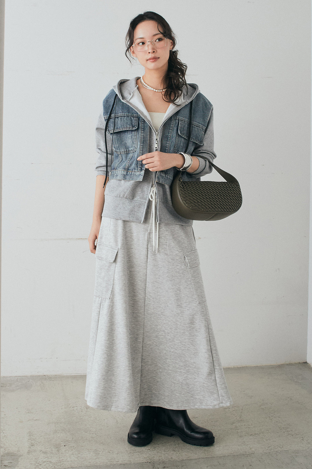 [SET]デニム切替ポンチダブルジップパーカー+リラックススウェットスカート(2set)