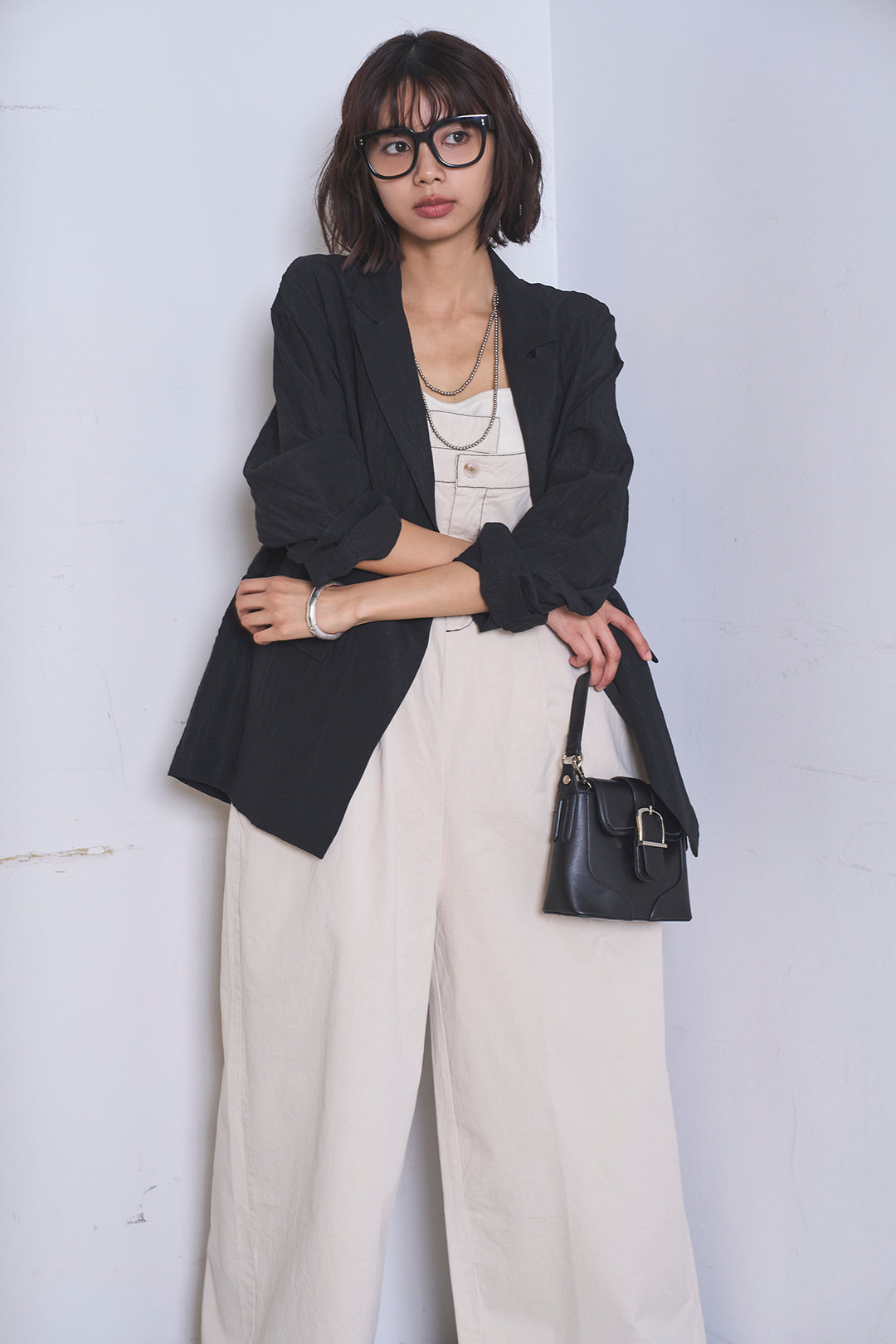 [SET]リネンブレンドテーラードシアージャケット+綿ツイルアシメサロペット(2set)