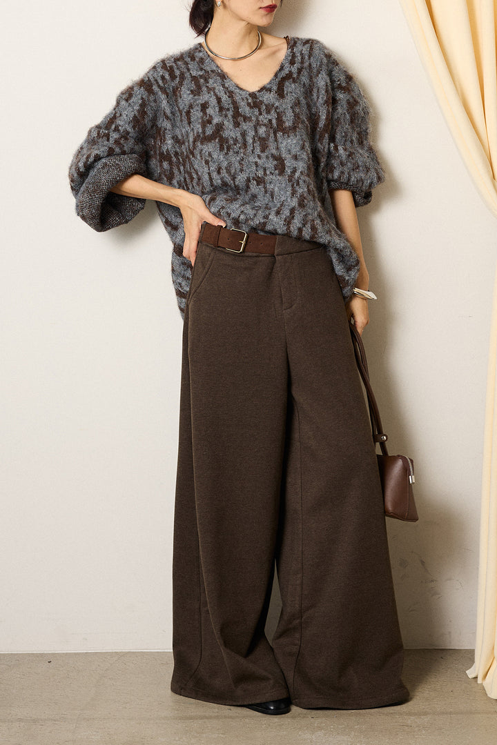 [SET]フラッフィーレオパードシャギーニット+サイドベルトパンツ(2set)