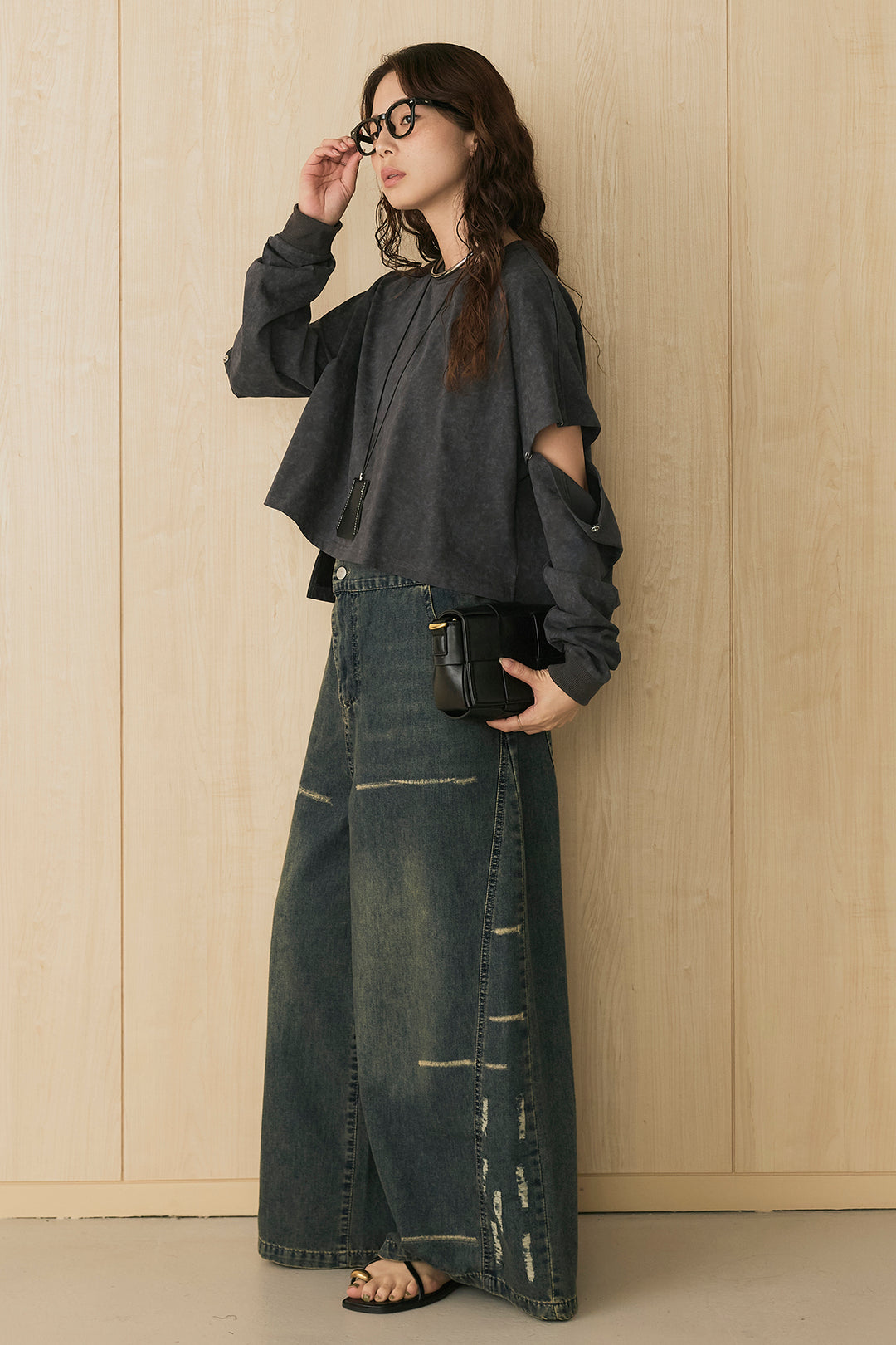 [SET]セパレートフェードTシャツ+ランダムダメージデニムワイドパンツ(2set)