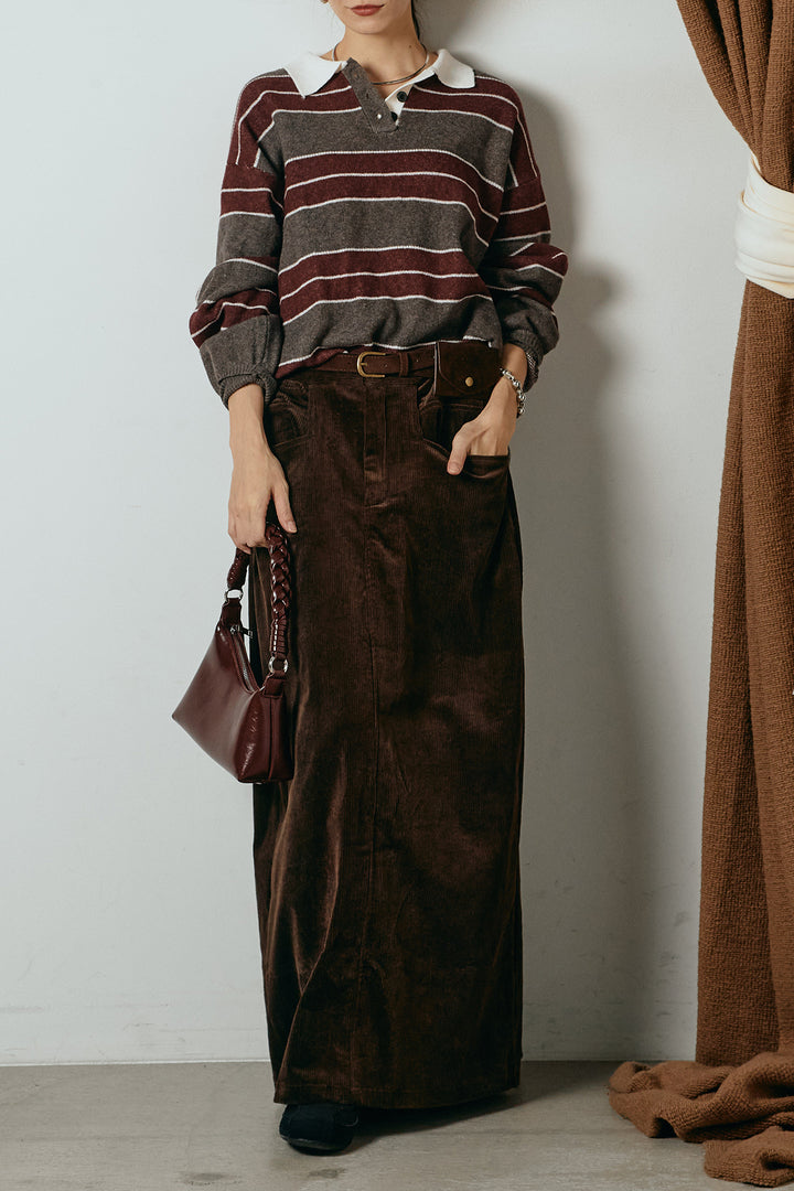 [SET]ラガーニットボーダーポロプルオーバー+ポーチベルト付きコーデュロイワイドスカート(2set)