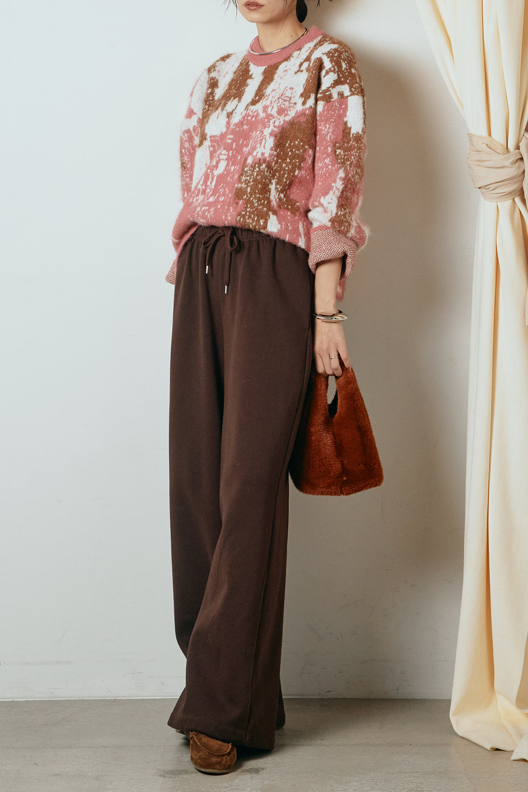 [SET]起毛ニュアンス柄ニットプルオーバー+裏起毛スウェットワイドパンツ(2set)