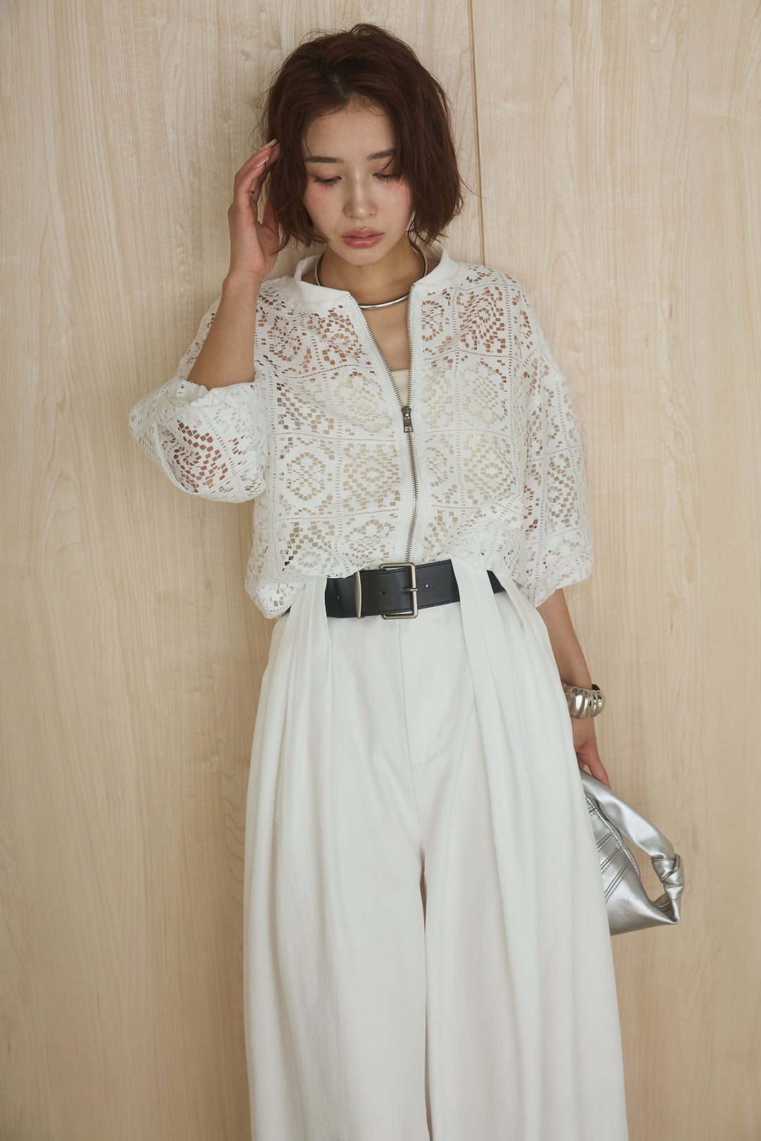 [SET]幾何レースブルゾン+ベルト付きビックループワイドパンツ(2set)