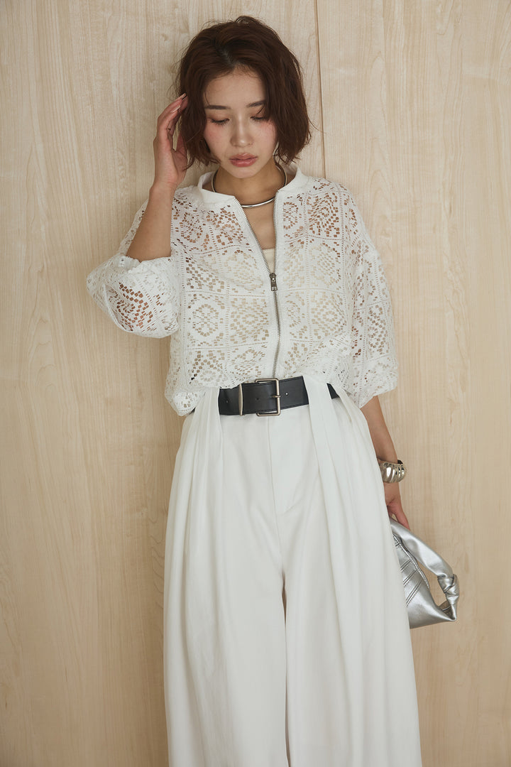 [SET]幾何レースブルゾン+ベルト付きビックループワイドパンツ(2set)