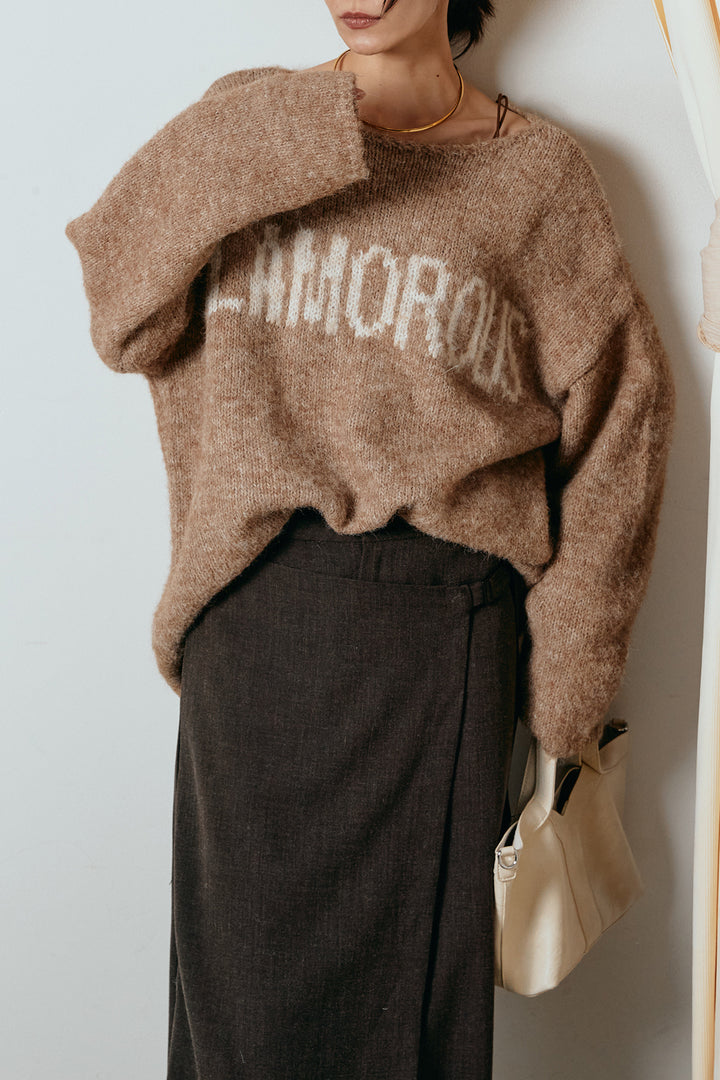 [SET]フロントロゴデザインニットトップス+ラップ巻きワイドスラックス(2set)