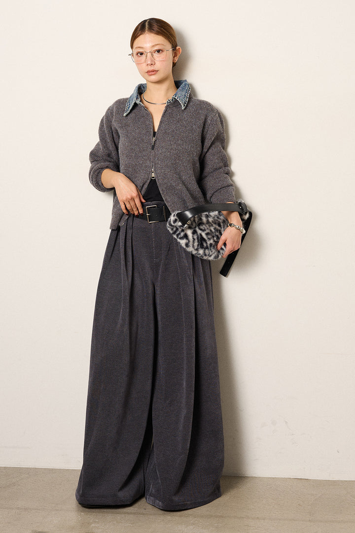 [SET]デニム襟ダブルジップニットトップス+ベルトループコーデュロイワイドパンツ(2set)