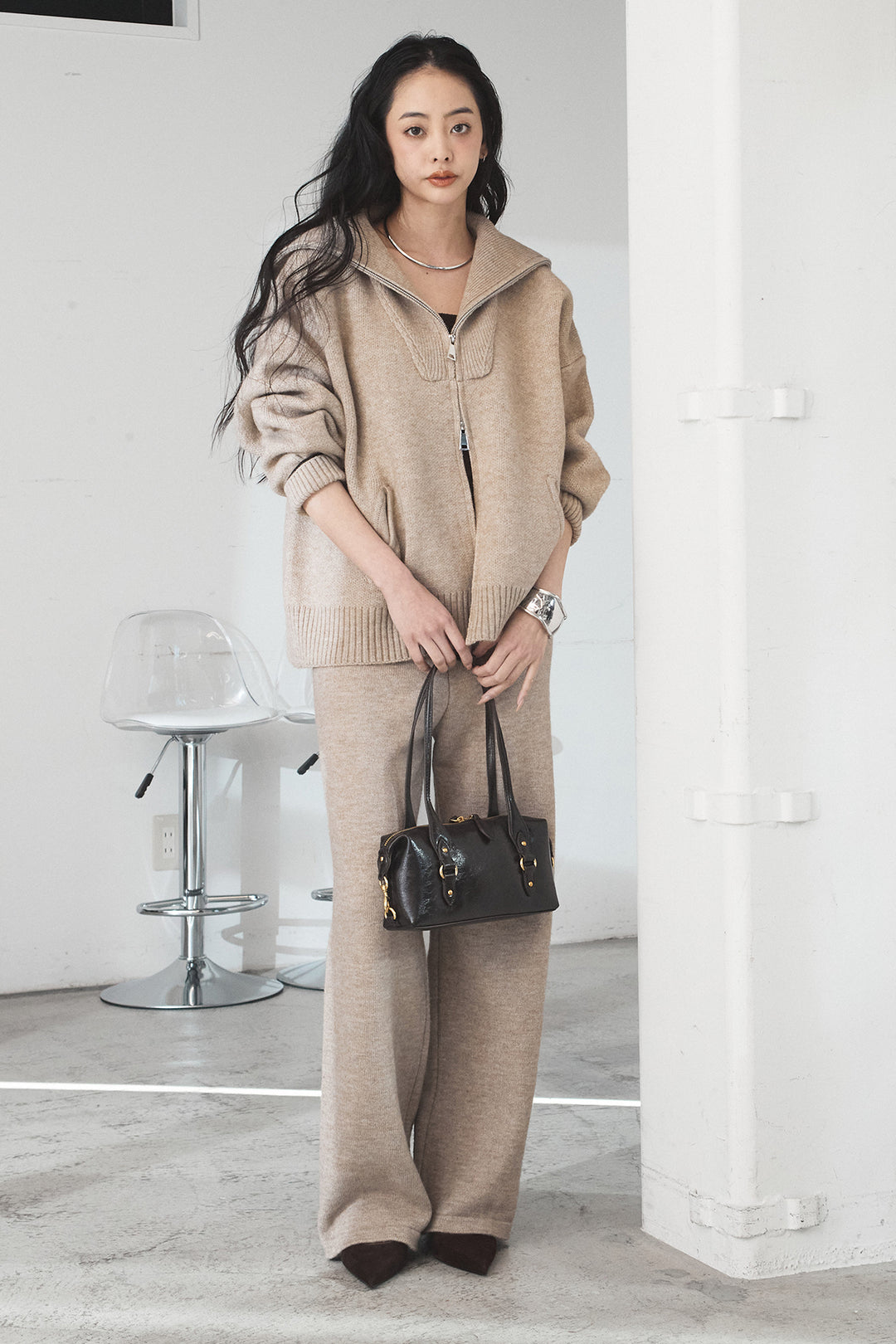 【着回しセット】[SET]ビッグカラーダブルジップニットSETUP+ストライプドッキングニットポロSETUP(2set)