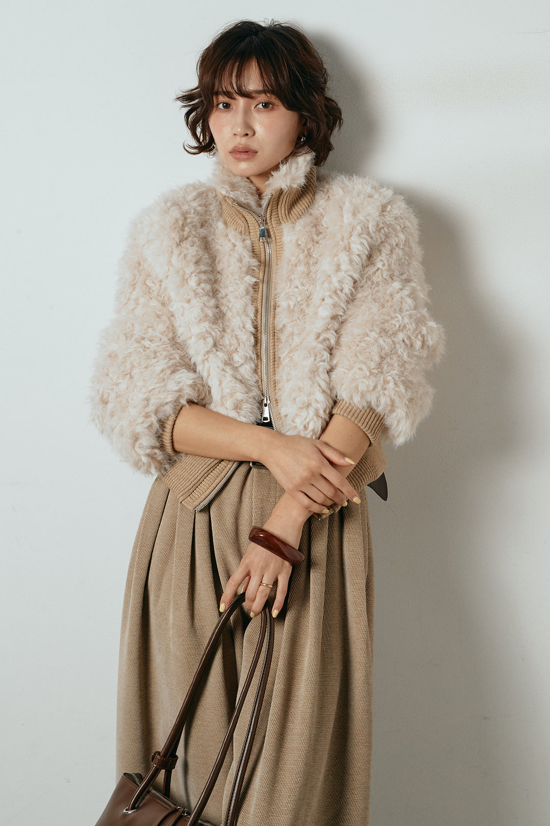 [SET]ハイネックショート丈ボアジップブルゾン+ベルトループコーデュロイワイドパンツ(2set)